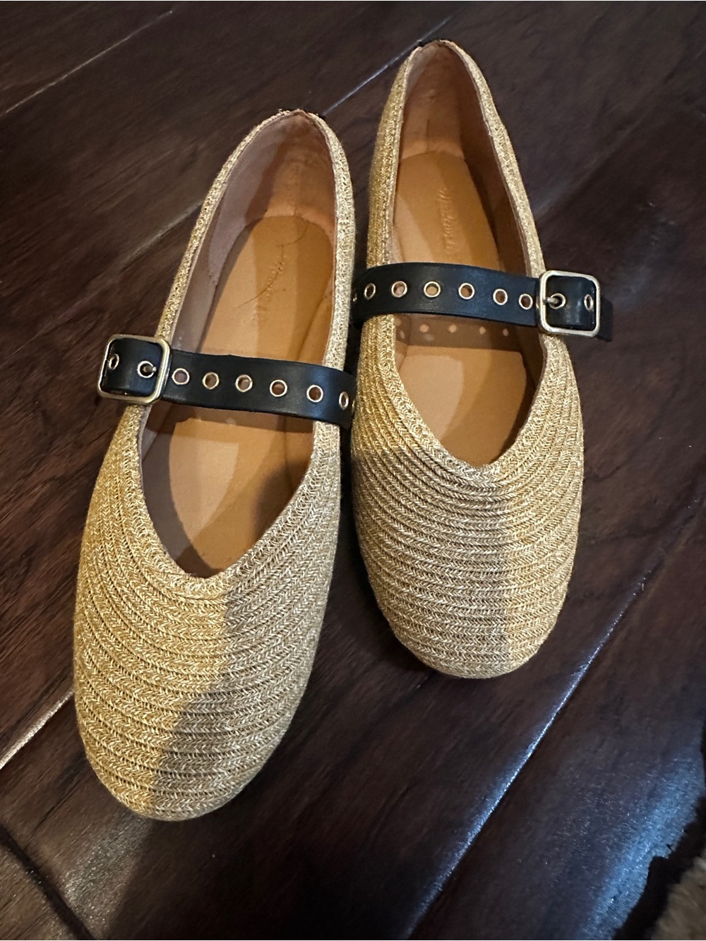 Madewell raffia Woven Mary Jane Flats with Black leather Strap